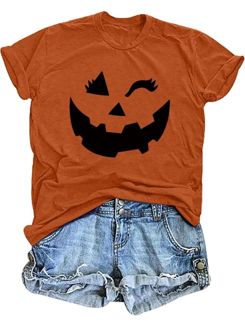 🆕 Women's Orange Winking Pumpkin Face Halloween Graphic Tee Shirt